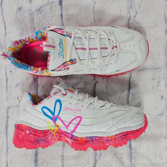 Skechers Shoes - Skechers D'Lites J Goldcrown Women Size 7 White Pink Love Wall Heart Sneakers